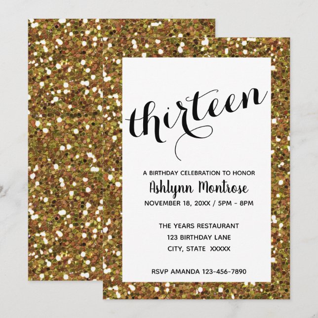 Gold Glitter 13th Birthday Invitation (Front/Back)