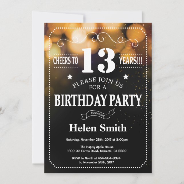 Gold Glitter 13th Birthday Invitation (Front)
