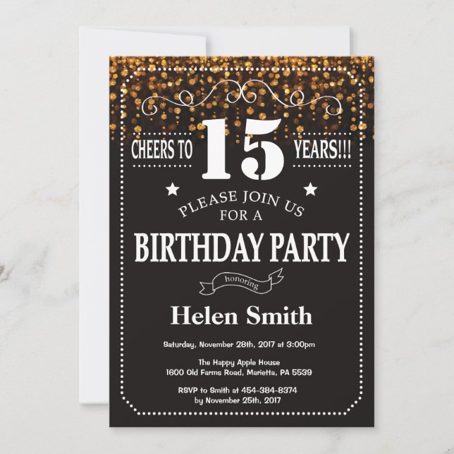 Gold Glitter 15th Birthday Invitation (Front)