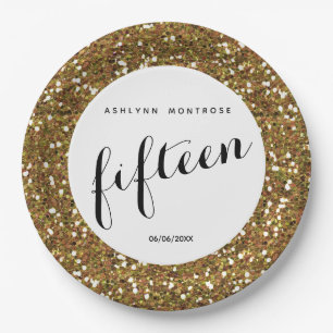 Gold Glitter 15th Birthday Paper Plate