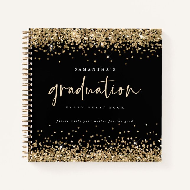 Gold Glitter 2024 Graduation Guest Book Black (Front)