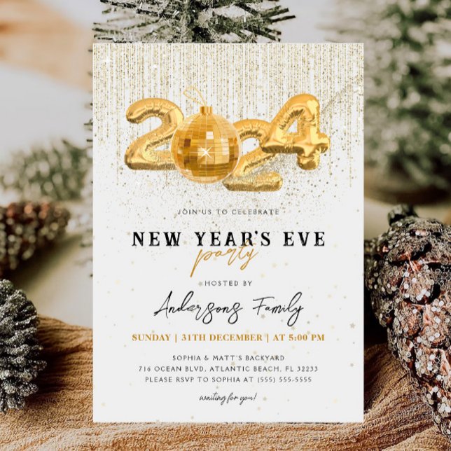 Gold Glitter 2024 New Year's Eve Party White Invitation (Creator Uploaded)