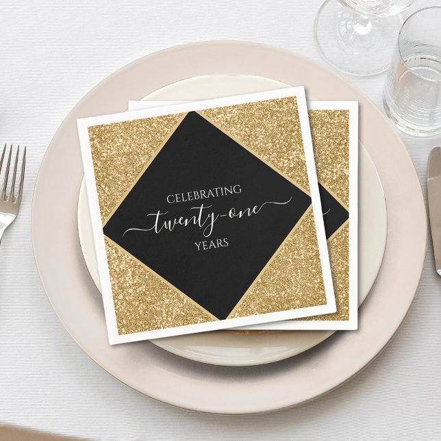 Gold Glitter 21st Anniversary Happy Birthday Party Napkin (black and gold glitter 21st birthday napkins)