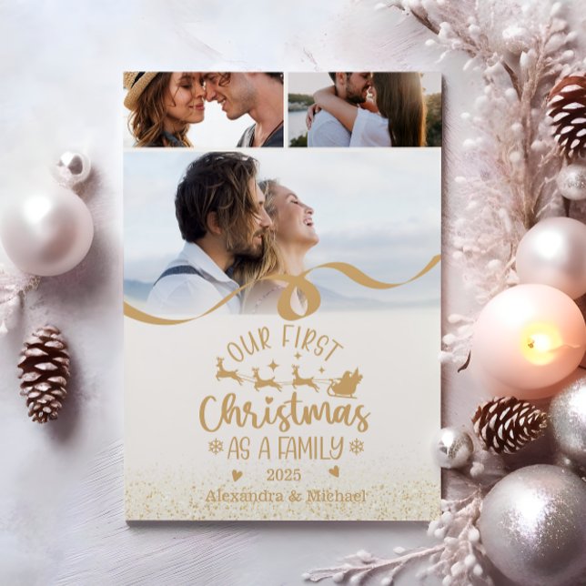 Gold Glitter 3 Photo Christmas Holiday Card (Creator Uploaded)