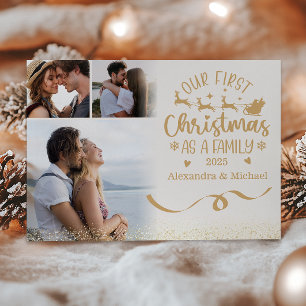 Gold Glitter 3 Photo Christmas Holiday Card