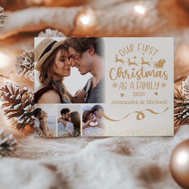 Gold Glitter 4 Photo First Christmas as a Family  Holiday Card (Creator Uploaded)