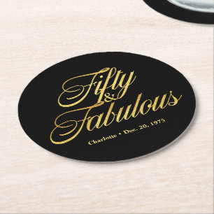 Gold Glitter 50 and Fabulous Modern 50th Birthday Round Paper Coaster