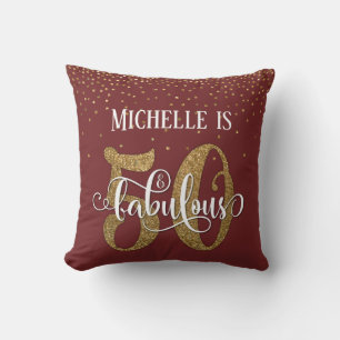 Gold Glitter 50 & Fabulous Birthday Burgundy Cushion