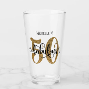 Gold Glitter 50 & Fabulous Birthday with Name Glass