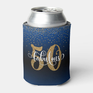 Gold Glitter 50 & Fabulous Blue Ombre Birthday Can Cooler