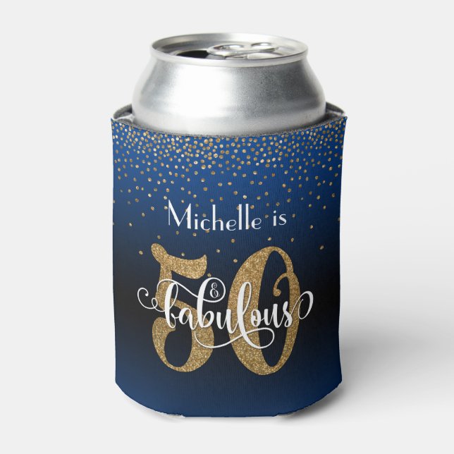 Gold Glitter 50 & Fabulous Blue Ombre Birthday Can Cooler (Can Front)