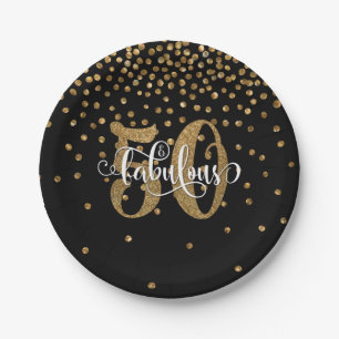 Gold Glitter 50 & Fabulous on Black Birthday Paper Plate
