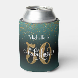 Gold Glitter 50 & Fabulous Teal Ombre Birthday Can Cooler