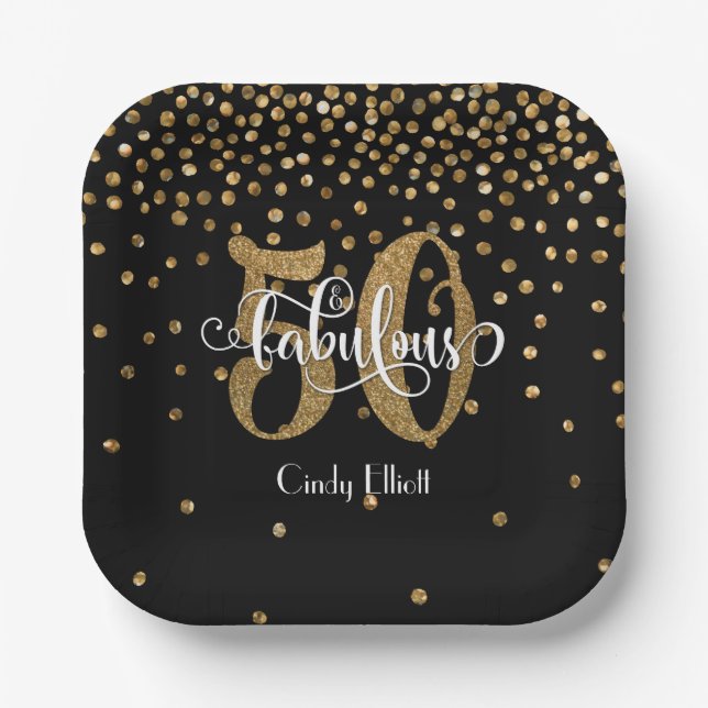 Gold Glitter 50 & Fabulous Typography Birthday Paper Plate (Front)