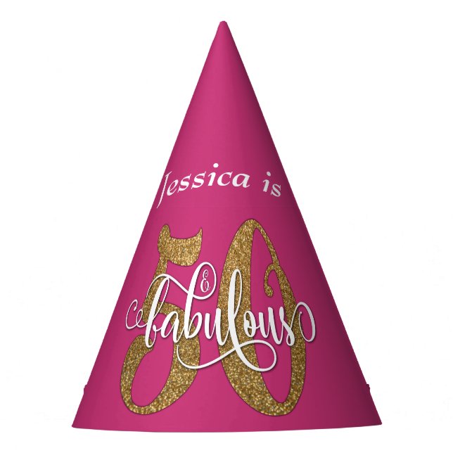 Gold Glitter 50 & Fabulous Typography on Hot Pink Party Hat (Front)