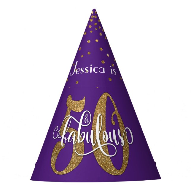 Gold Glitter 50 & Fabulous Typography on Purple Party Hat (Front)