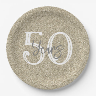 Gold Glitter 50 YEARS Elegant Anniversary Birthday Paper Plate