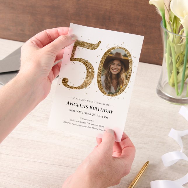 Gold Glitter 50th Adult Birthday Photo Vellum Invitations (Handheld)