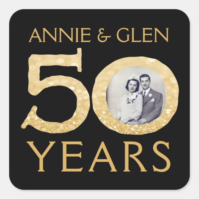 Gold Glitter 50th Anniversary Photo Template Squar Square Sticker (Front)