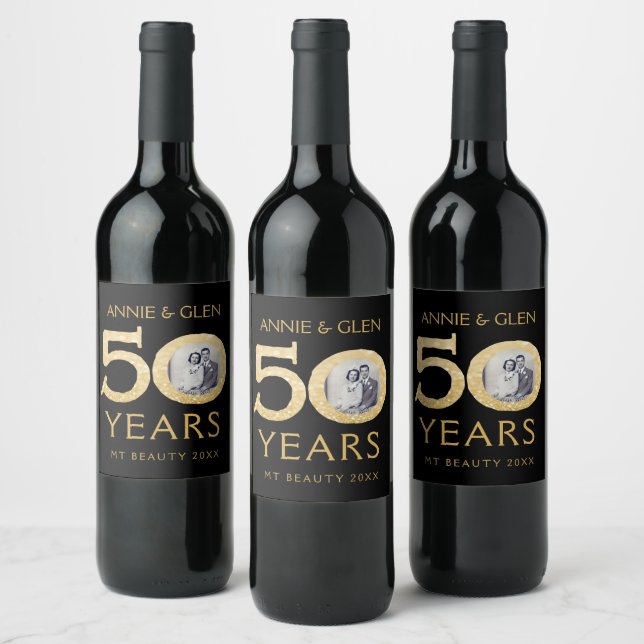 Gold Glitter 50th Anniversary Photo Template Wine  Wine Label (Bottles)