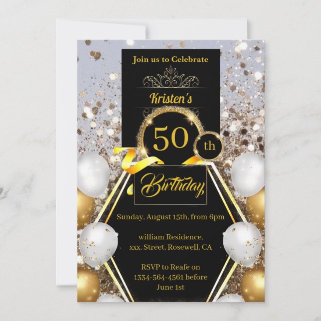 Gold Glitter 50th Birthday Invitation (Front)