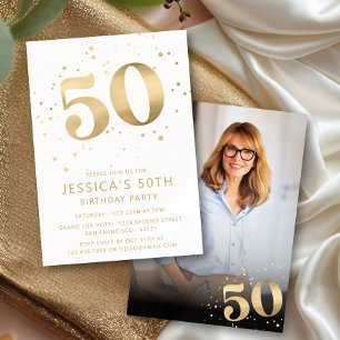 Gold Glitter 50th Fifty Birthday Photo Invitation