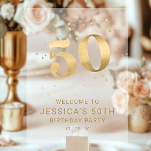 Gold Glitter 50th Fifty Birthday Welcome Party Acrylic Sign