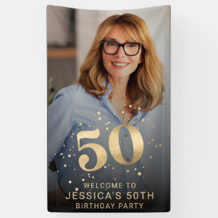 Gold Glitter 50th Photo Birthday Welcome Party Banner