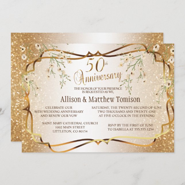 Gold Glitter 50th Wedding Anniversary | DIY Text Invitation (Front/Back)