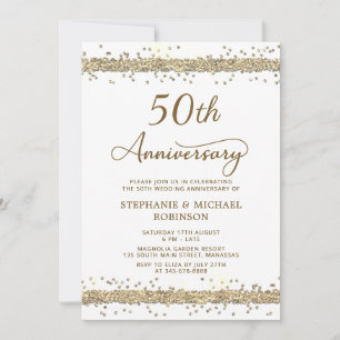 Gold Glitter 50th White Wedding Anniversary Invitation