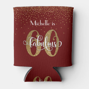 Gold Glitter 60 & Fabulous Birthday Burgundy Can Cooler
