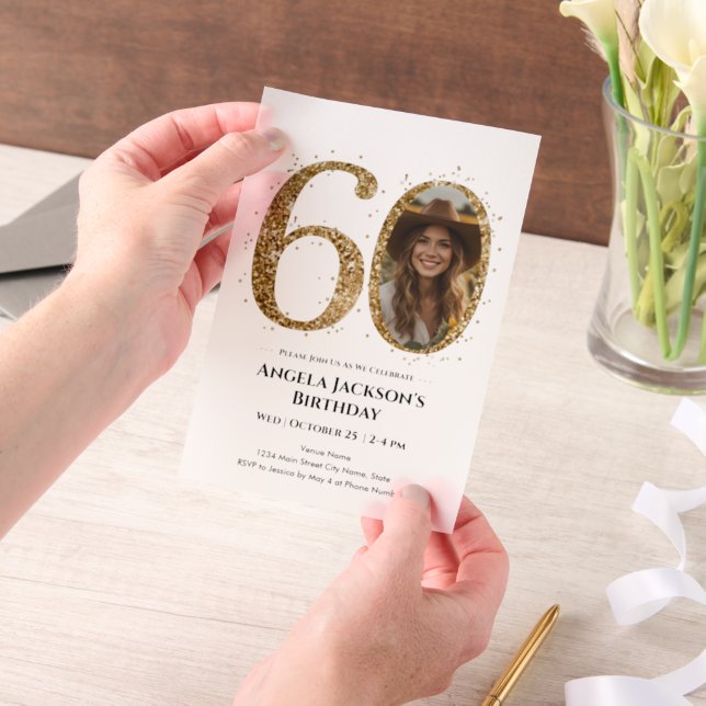 Gold Glitter 60th Adult Birthday Photo Vellum Invitations (Handheld)