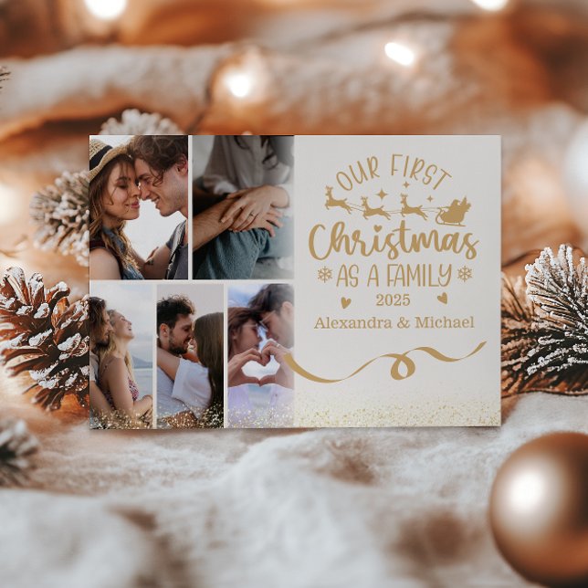 Gold Glitter 6 Photo First Christmas as a Family  Holiday Card (Creator Uploaded)