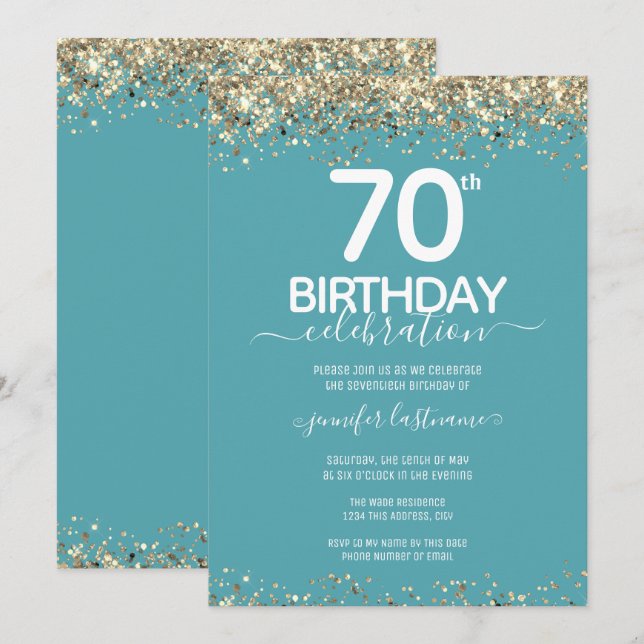 Gold Glitter 70th Birthday Party Invitation (Front/Back)