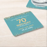 Gold Glitter 70th Birthday Save the Date Square Paper Coaster<br><div class="desc">Elegant Faux gold glitter with shimmering confetti highlights on the top and bottom border. All text is adjustable and easy to change for your own party needs. Great elegant 70th birthday template design. Save the date coasters reminder.</div>