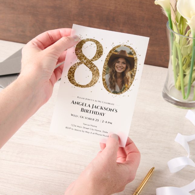 Gold Glitter 80th Adult Birthday Photo Vellum Invitations (Handheld)