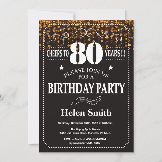 Gold Glitter 80th Birthday Invitation (Front)