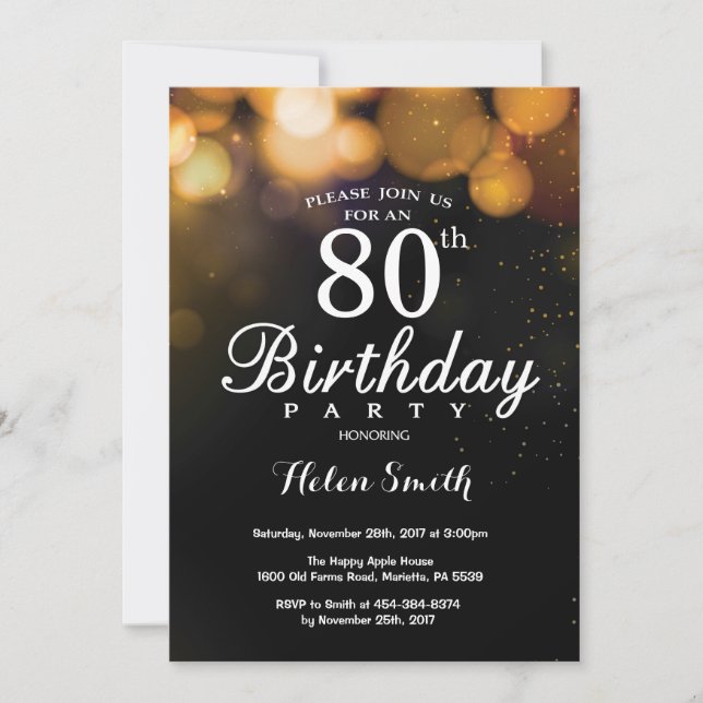 Gold Glitter 80th Birthday Invitation Card (Front)