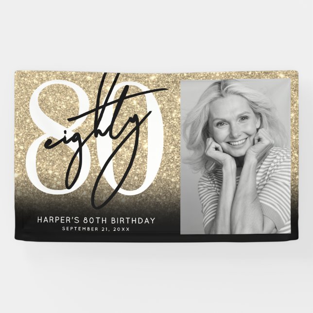 Gold Glitter 80th Birthday Party Banner (Horizontal)