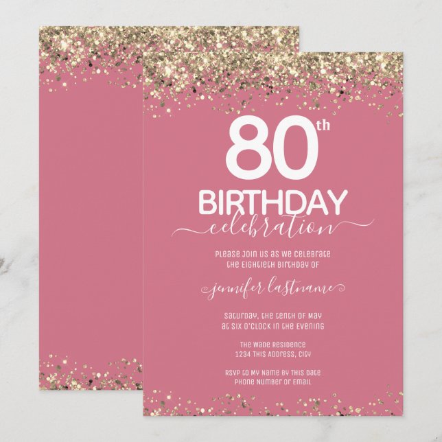 Gold Glitter 80th Birthday Party Invitation (Front/Back)