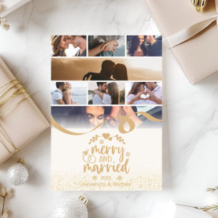 Gold Glitter 8 Photo Merry and Married Holiday Card