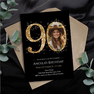Gold Glitter 90th Birthday Photo Invitation