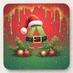 Gold Glitter A For Family Christmas Coaster