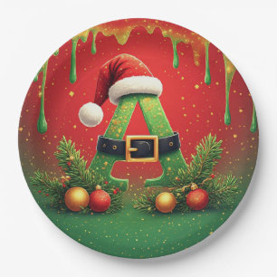 Gold Glitter A For Family Christmas Paper Plate