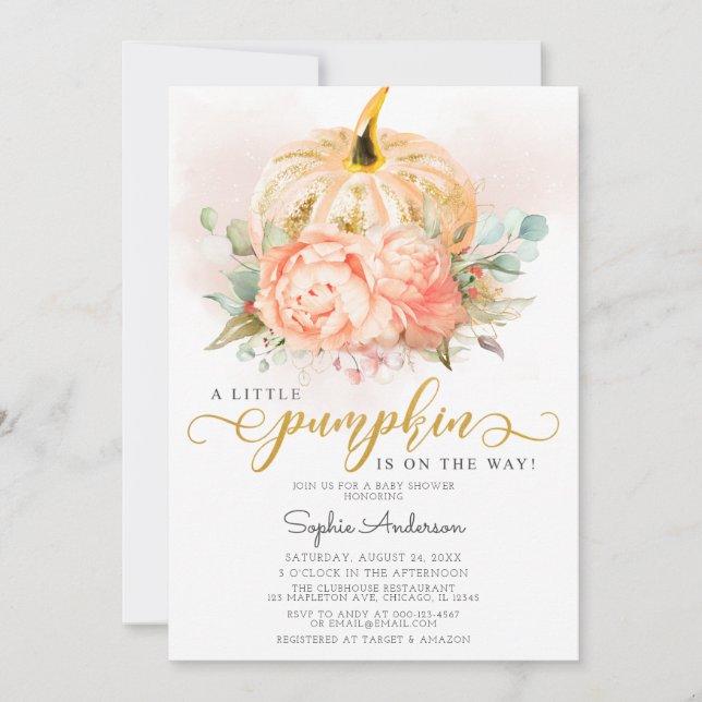 Gold Glitter A Little Pumpkin Fall Baby Shower Invitation (Front)