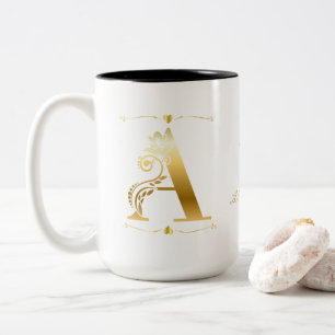 Gold Glitter A Monogram Custom Text and Image Two-Tone Coffee Mug