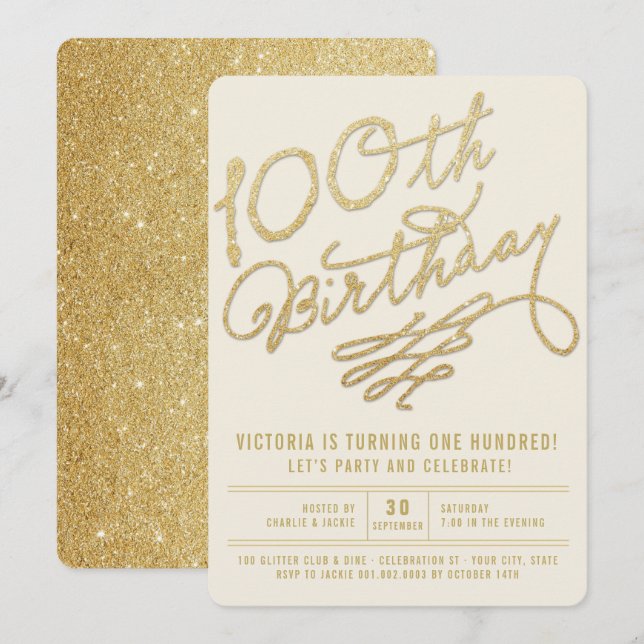 Gold Glitter Adult 100th Birthday Party Invite (Front/Back)