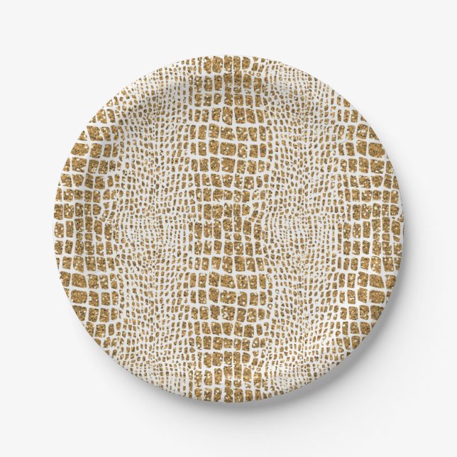 Gold Glitter Alligator Print Paper Plate (Front)