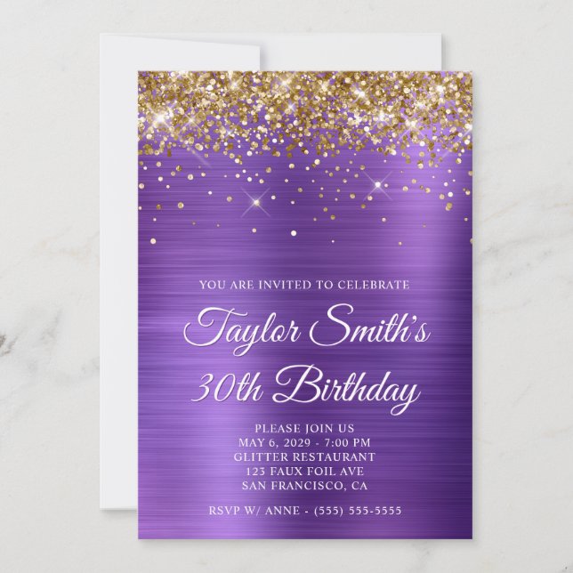 Gold Glitter Amethyst Purple 30th Birthday Invitation (Front)