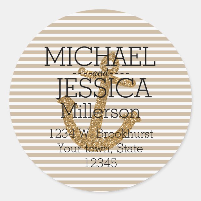 Gold Glitter Anchor Stripes Personalised address Classic Round Sticker (Front)